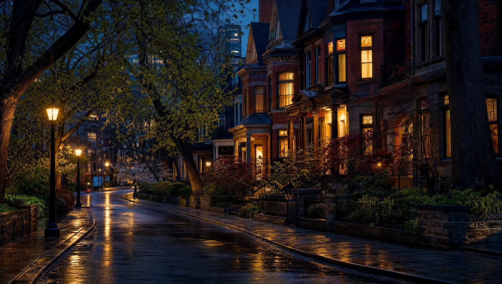 Illustrative image: a tree-lined Toronto street at dusk