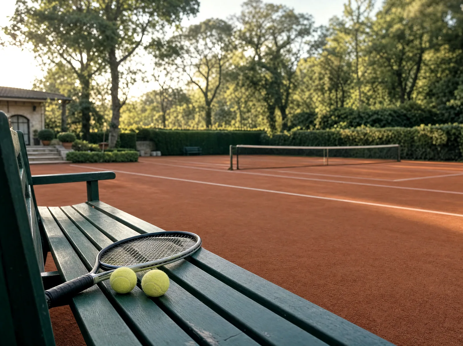 Illustrative image: a clay tennis court in morning light
